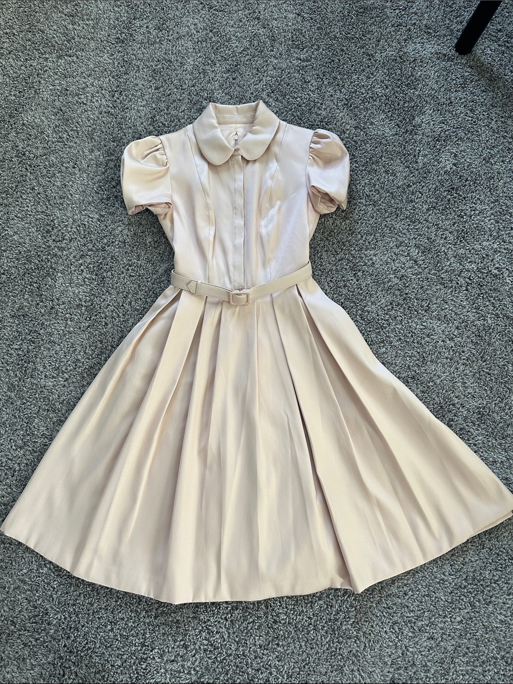Gal Meets Glam Cream Pleated Fit & Flare Dress with Belt
